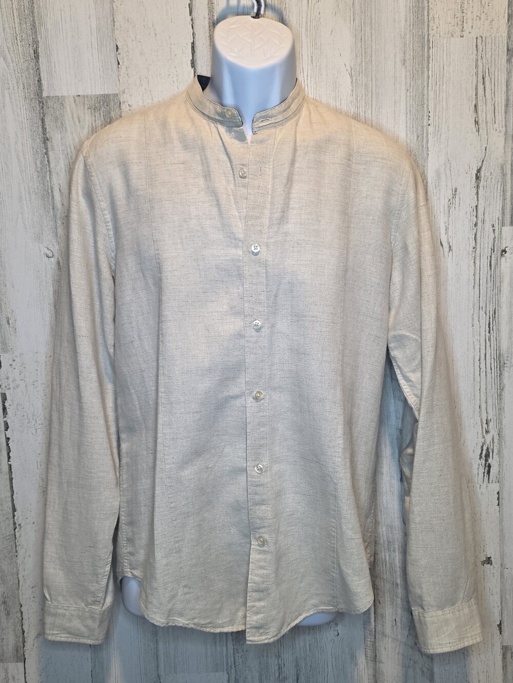 Zara Man Linen Shirt Mens M Slim Fit Band Collar Roll Tab Long Sleeve Oat Beige
